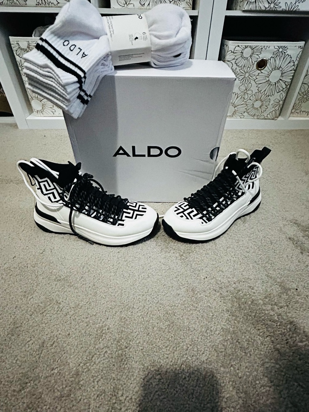 ALDO Women’s Black and White Geometric High-Top Sneakers, socks included.